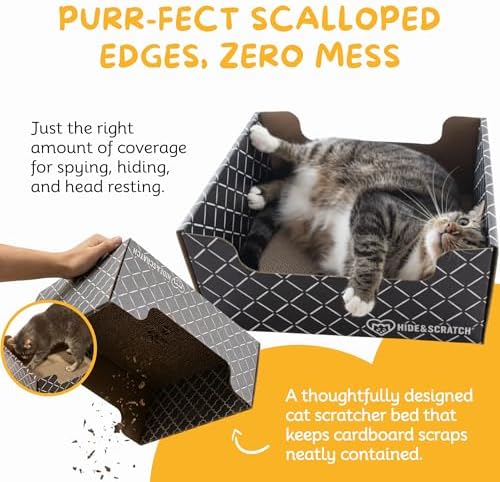 Hide & Scratch Cardboard Cat Scratcher Box & Bed Dark Grey Diamond Pad - Image 4