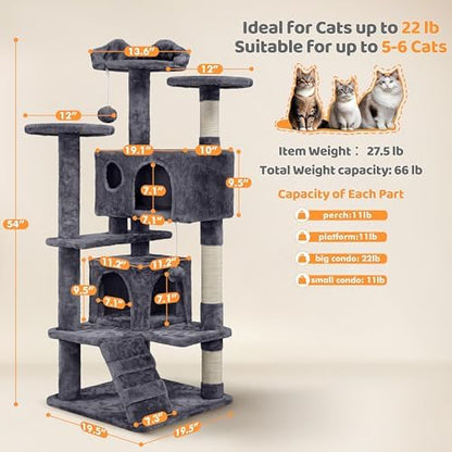 Yaheetech 54in Cat Tree Tower, 2 Caves, Kitten-Ear Perch & Scratching Posts - Image 3