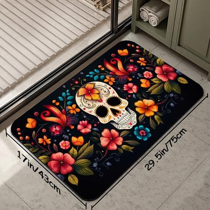 Skull Flowers Bathroom Mat, Non-Slip Rubber Backing Thin Low-Profile Bath Rug - Image 2