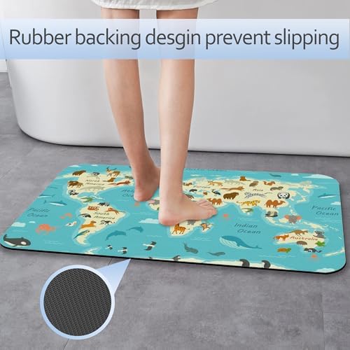 World Map with Animals AST Drying Absorbent Bathroom Mat, Non-Slip Rubber - Image 3