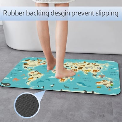 World Map with Animals AST Drying Absorbent Bathroom Mat, Non-Slip Rubber - Image 3