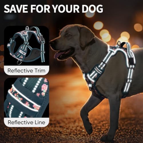 HEELE Dog Harness, Reflective, No Pull No Choke, Flower Blackish Green - Image 3