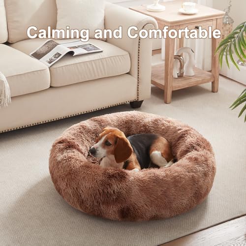 33 in Faux Fur Donut Dog Bed for Medium Plus Dogs, Tie-dye Brown - Image 2