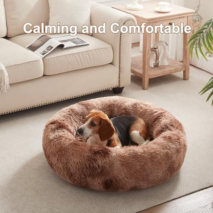 33 in Faux Fur Donut Dog Bed for Medium Plus Dogs, Tie-dye Brown - Image 2