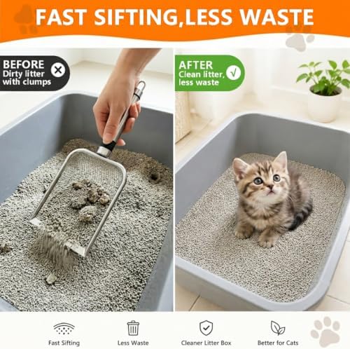 Cat Litter Scoop 2 Pack, Stainless Steel Handle, 3.8mm & 5mm Mesh Sifter - Image 2