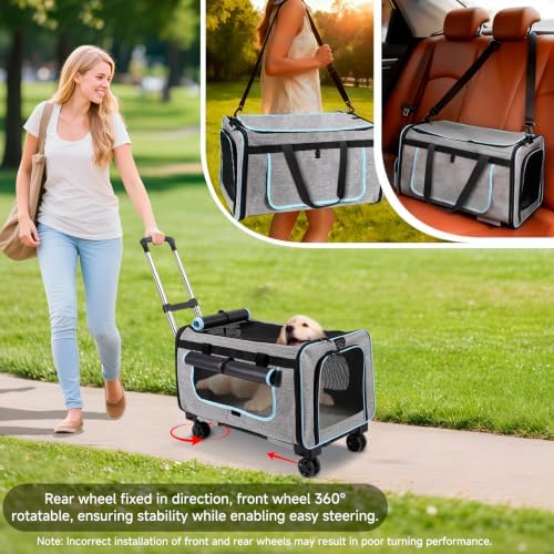 Large Pet Carrier with Detachable Wheels, 2 IN1 Foldable Soft-Sided Carriers- - Image 5