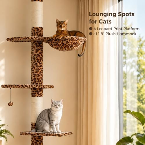 PAWZ Road Floor to Ceiling Cat Tree, Adjustable 95"-108" Leopard Cat Tower - Image 3