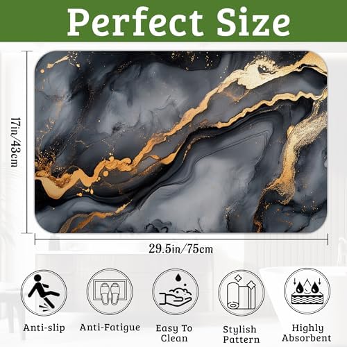 Grey Gold Marble Bathroom Rugs Thin Bath Mat Non Slip Washable, Rubber Backing - Image 2