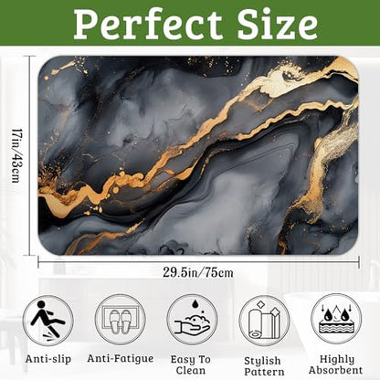 Grey Gold Marble Bathroom Rugs Thin Bath Mat Non Slip Washable, Rubber Backing - Image 2
