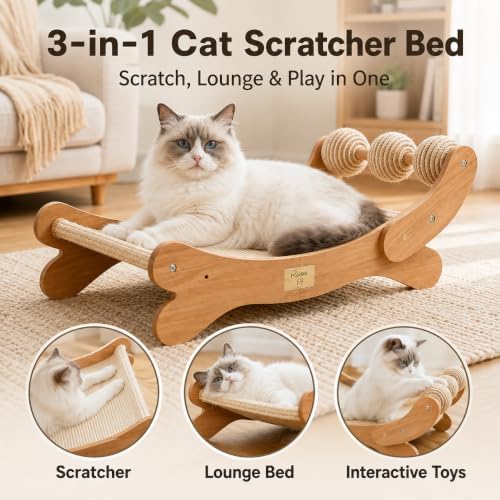 Sisal Cat Scratcher Bed with 3 Balls, Wood Hammock - Image 2