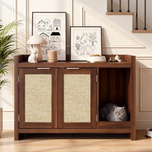 Cat Litter Box Enclosure, Modern Rattan Hidden Litter Box Furniture by ZOVAZEN