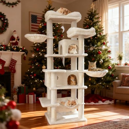 Beige 68 Inches Multi-Level Large and Tall Cat Tree Tower - Image 6