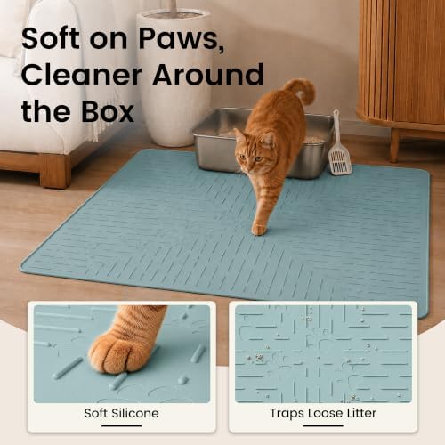 OHMO Large Cat Litter Mat, 31.5x23.6 Silicone Trapping Mat Light Blue - Image 3