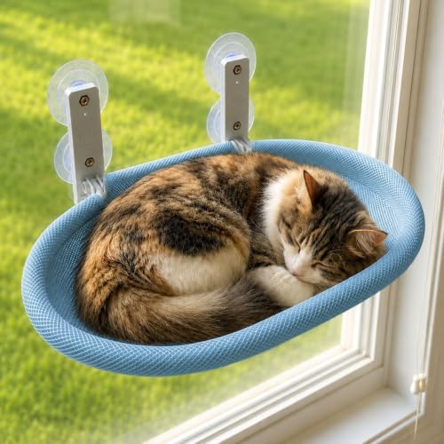 Foldable Cat Window Perch with Suction Cups & Blue Breathable Mesh Cover by Unknown