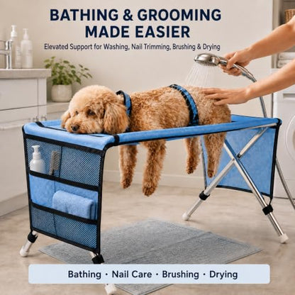 Dog Grooming Hammock with Stand & Side Tool Pockets, Foldable Pet Grooming - Image 2