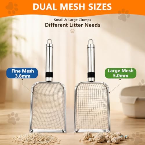 Cat Litter Scoop 2 Pack, Stainless Steel Handle, 3.8mm & 5mm Mesh Sifter - Image 3