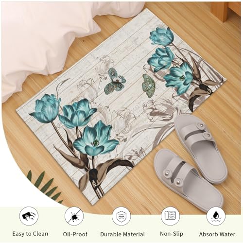Giwawa Teal Floral Bath Rug Butterfly Flower Bath Carpet Soft Bathroom Plush - Image 5