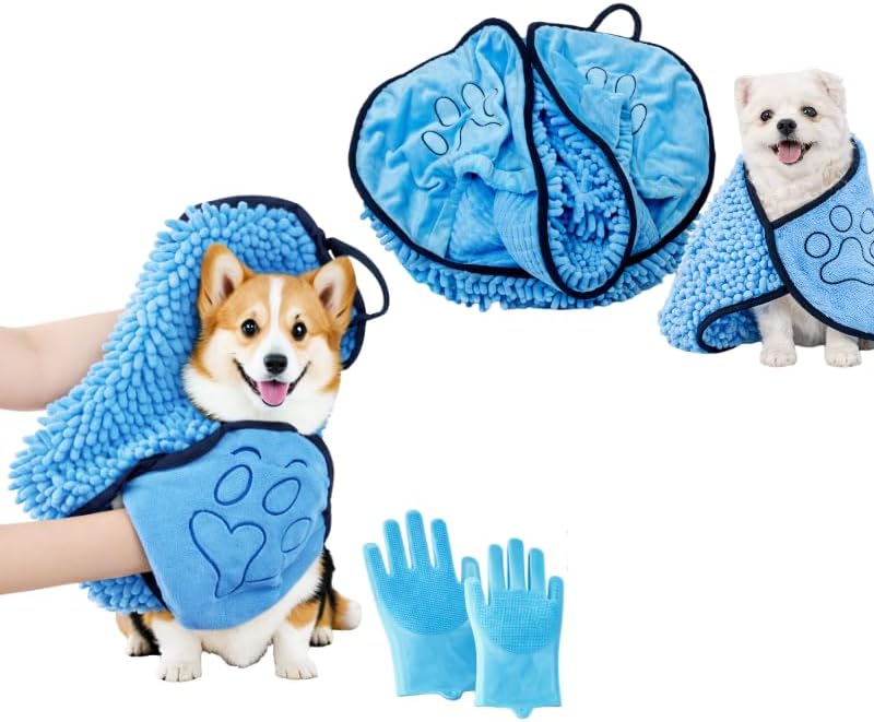 Super Absorbent Dog Bath Towel & Grooming Glove Set – Soft Chenille Dog Drying by Unknown