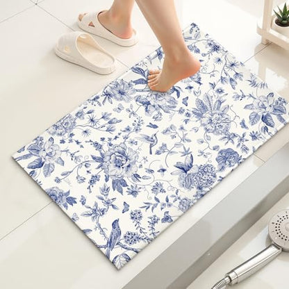 Chinoiserie Flower Bath Rug Blue Leaves Bathroom Mat 20"x32" Soft Plush - Image 2