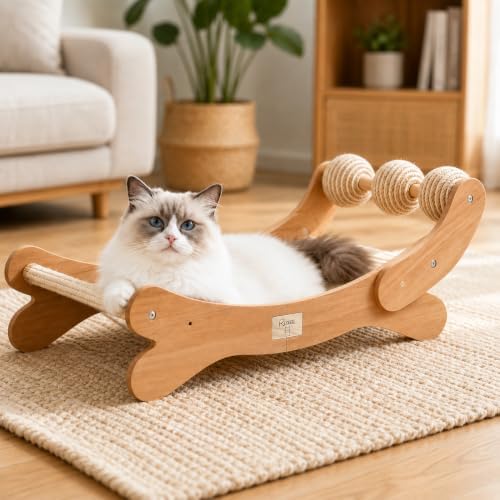 Sisal Cat Scratcher Bed with 3 Balls, Wood Hammock by Unknown