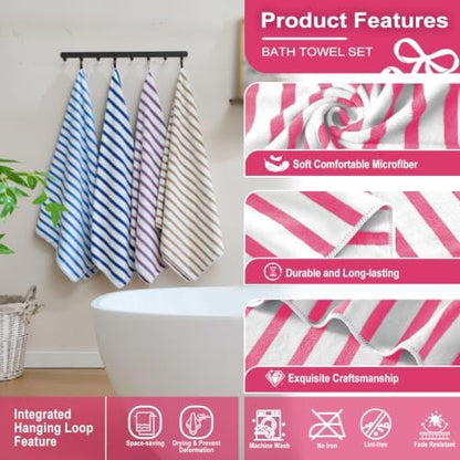 JML Microfiber Bath Towel Set, 6 Pack, Cabana Stripe Pink - Image 3