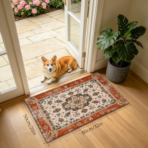 Giwawa Ethnic Boho Bath Rug Rust Coral Floral Plush Kitchen Mat 20x32 Inch Soft - Image 3