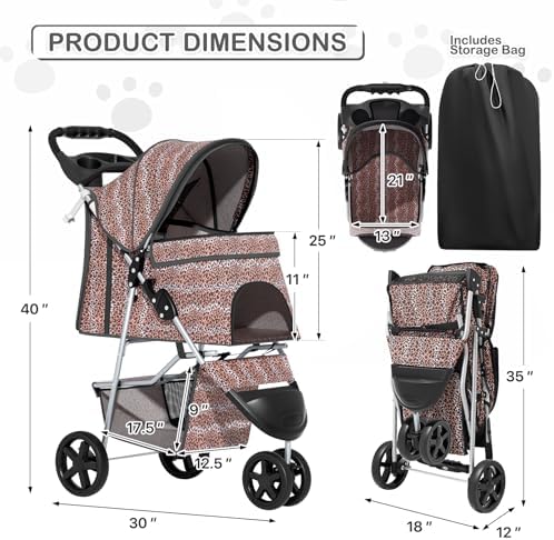 MoNiBloom Pet Stroller for Small/Medium Dogs and Cats, Leopard Print - Image 3