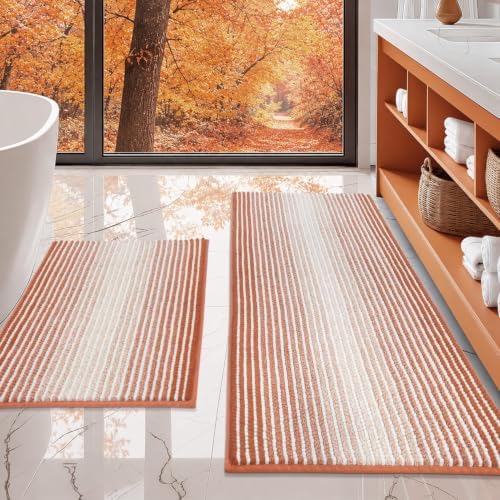 BSICPRO Bathroom Rugs Sets 2 Piece, Non Slip Striped Bath Mat, Light Orange by BSICPRO