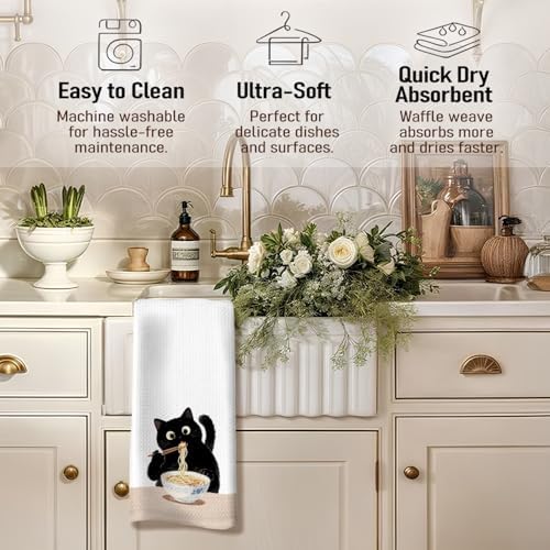 Black Cat Kitchen Dish Towels, Cat Lovers Mom Dad Lady Gifts, Funny Noodle - Image 3