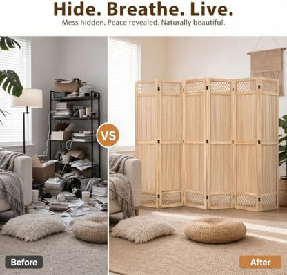 Wood Room Divider Privacy Screen, Natrual Carved Room Divider 6 Panel 67" - Image 7