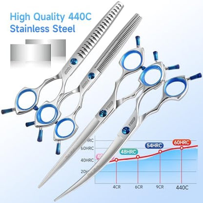 Dog Grooming Scissors Set 7.5 in Professional Curved Thinning Straight Chunker - Image 4