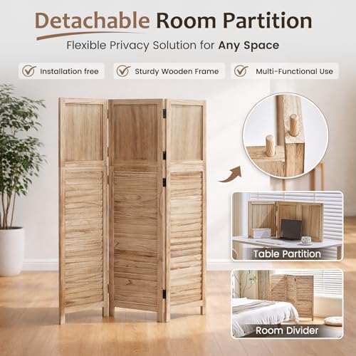 3 Panel Room Divider, Folding Wood Privacy Screen, Natural 2 Pack - Image 4