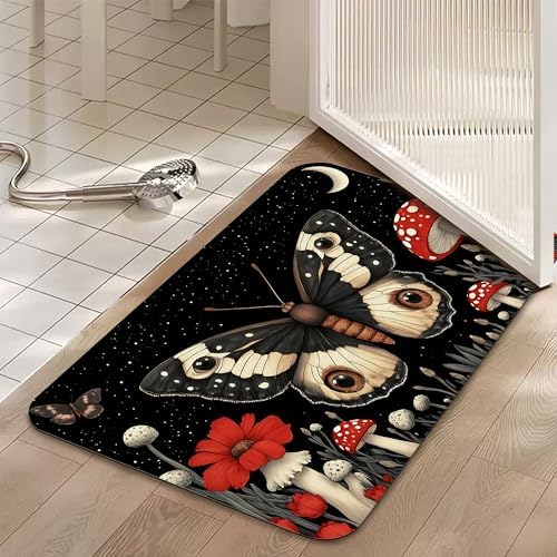 Bathroom Floor Mat, Vintage Poppy Moth Bathroom Rugs, Quick Dry Forest Red - Image 5