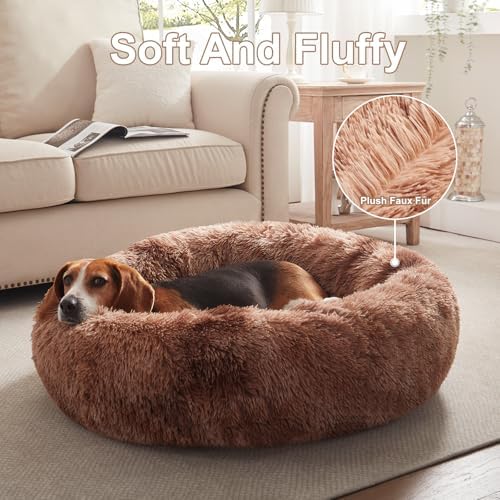 33 in Faux Fur Donut Dog Bed for Medium Plus Dogs, Tie-dye Brown - Image 4