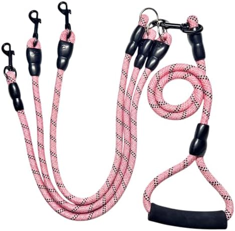 3 in 1 Dog Leash for 1-3 Dogs, 360° Swivel, Rose Black by Heyllou