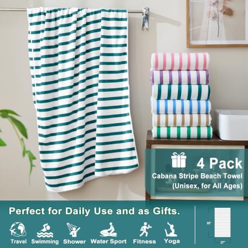 JML Microfiber Beach Towels, 4 Pack, Cabana Stripe Dark Green - Image 2