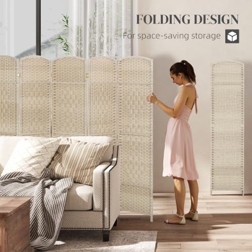 HOMCOM 6 Panel Room Divider 6 Ft Privacy Screen Hand-Woven Washed Oak - Image 3