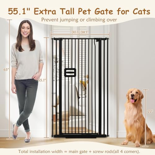 55'' Extra Tall Cat Gate, 30.1"-34.1" Wide Auto Close Tall Pet Gate - Image 2