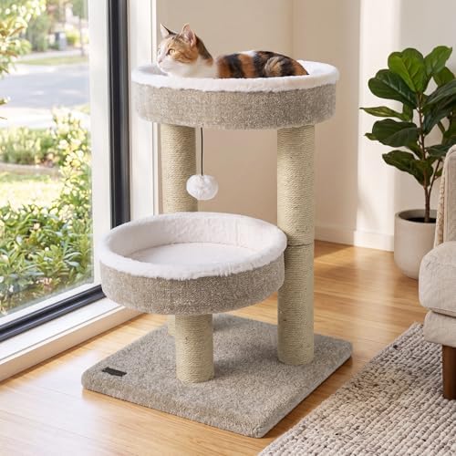 PETSITE 24-inch Small Cat Tree, 2 Comfy Cat Beds, and Interactive Hanging Ball - Image 3