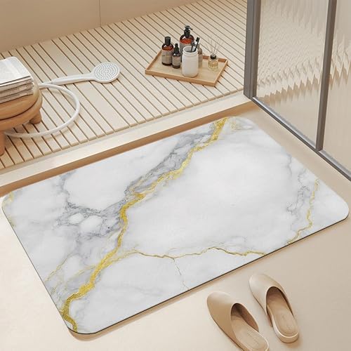 White Grey Marble Bath Mat, Fast Drying Modern Gold Abstract Bathmats by Unknown