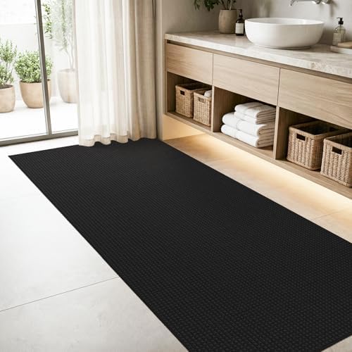 3x6 Bathroom Runner Rug: Super Absorbent Soft Waffle Bath Mat Black by BYYVOORugsforYourHome