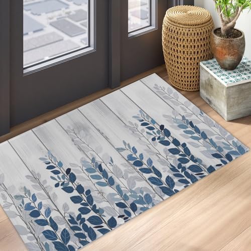 Giwawa Blue Eucalyptus Leaves Bath Rug Rustic Wood Bathtub Mat Absorbent Non - Image 5