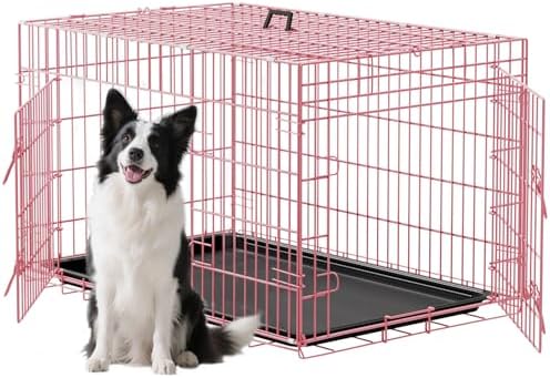 FDW | 48" Foldable Metal Dog Crate | Pink | Cage by FDW