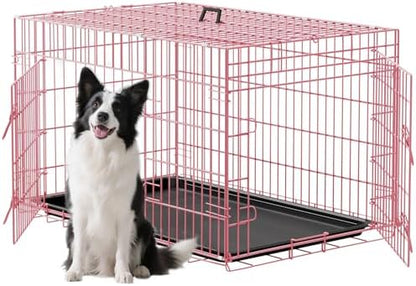 FDW | 48" Foldable Metal Dog Crate | Pink | Cage by FDW