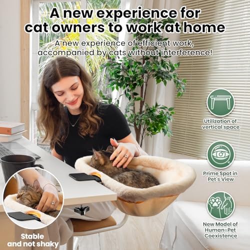JUNSPOW Cat Desk Bed One-Click Folding Maximum Holds 40lb, Cream Fur - Image 2