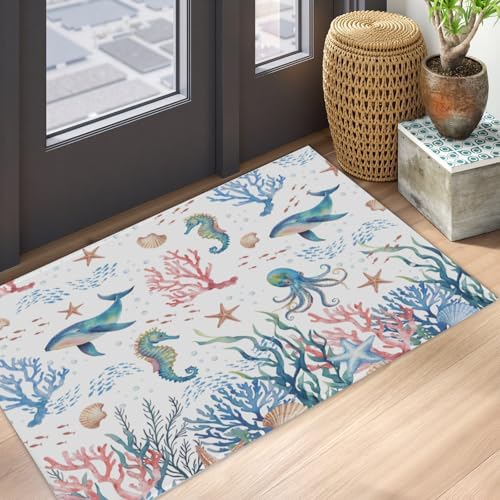 Giwawa Coastal Ocean Bath Rug Seahorse Whales Bathtub Mat Extra Absorbent - Image 5
