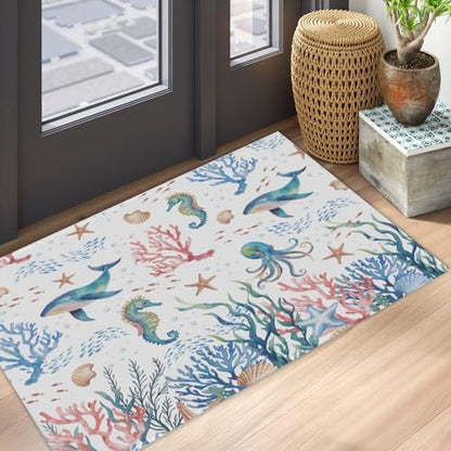 Giwawa Coastal Ocean Bath Rug Seahorse Whales Bathtub Mat Extra Absorbent - Image 5