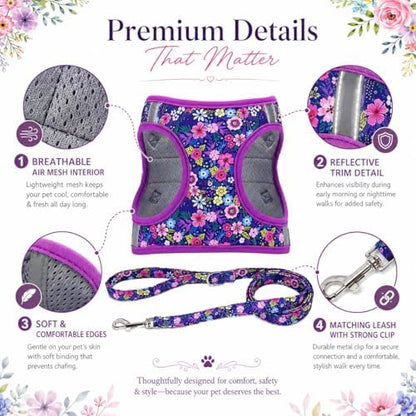 Step in Dog Harness Leash Set- All Weather Reflective No-Pull Floral Pattern - Image 2