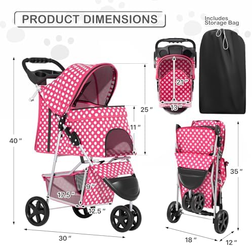 MoNiBloom Pet Stroller for Small/Medium Dogs and Cats, Hot Pink Polka Dots - Image 3