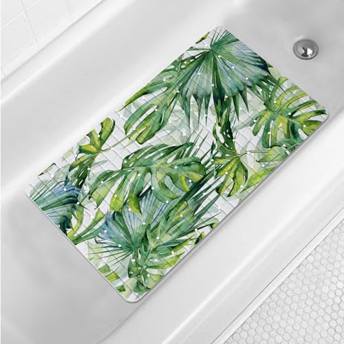 Green Leaves Bathtub Mat Non Slip Palm Leaf Bath Shower Mat 15x27 Tropical by Denifeiya